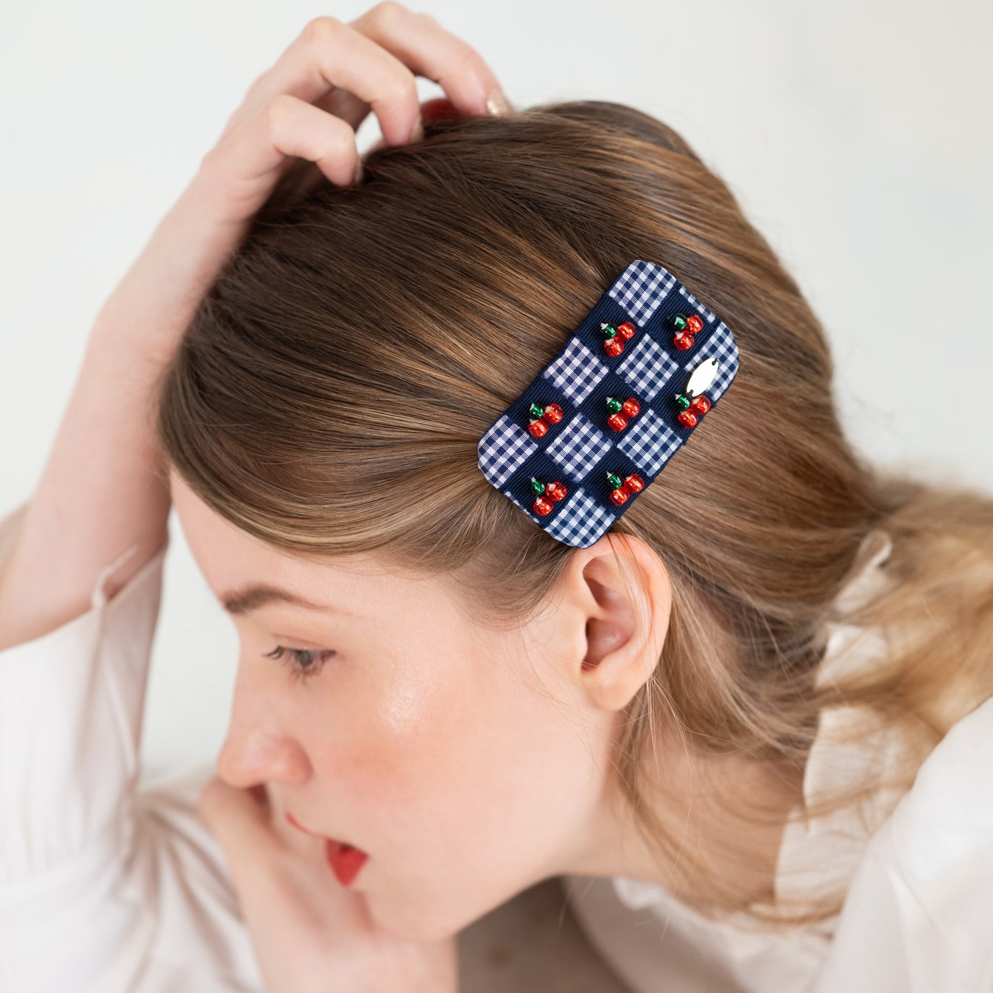Cherry Gingham Delight Barrette【NAVY】