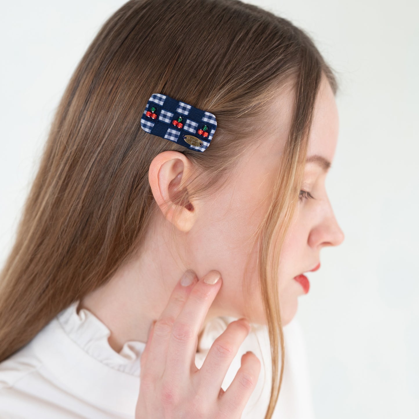 Cherry Gingham Mini Barrette【NAVY】