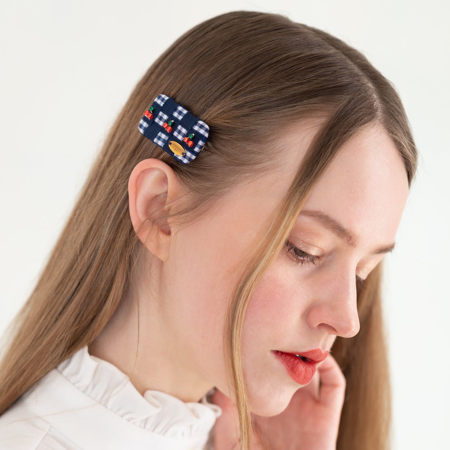 Cherry Gingham Mini Barrette【NAVY】