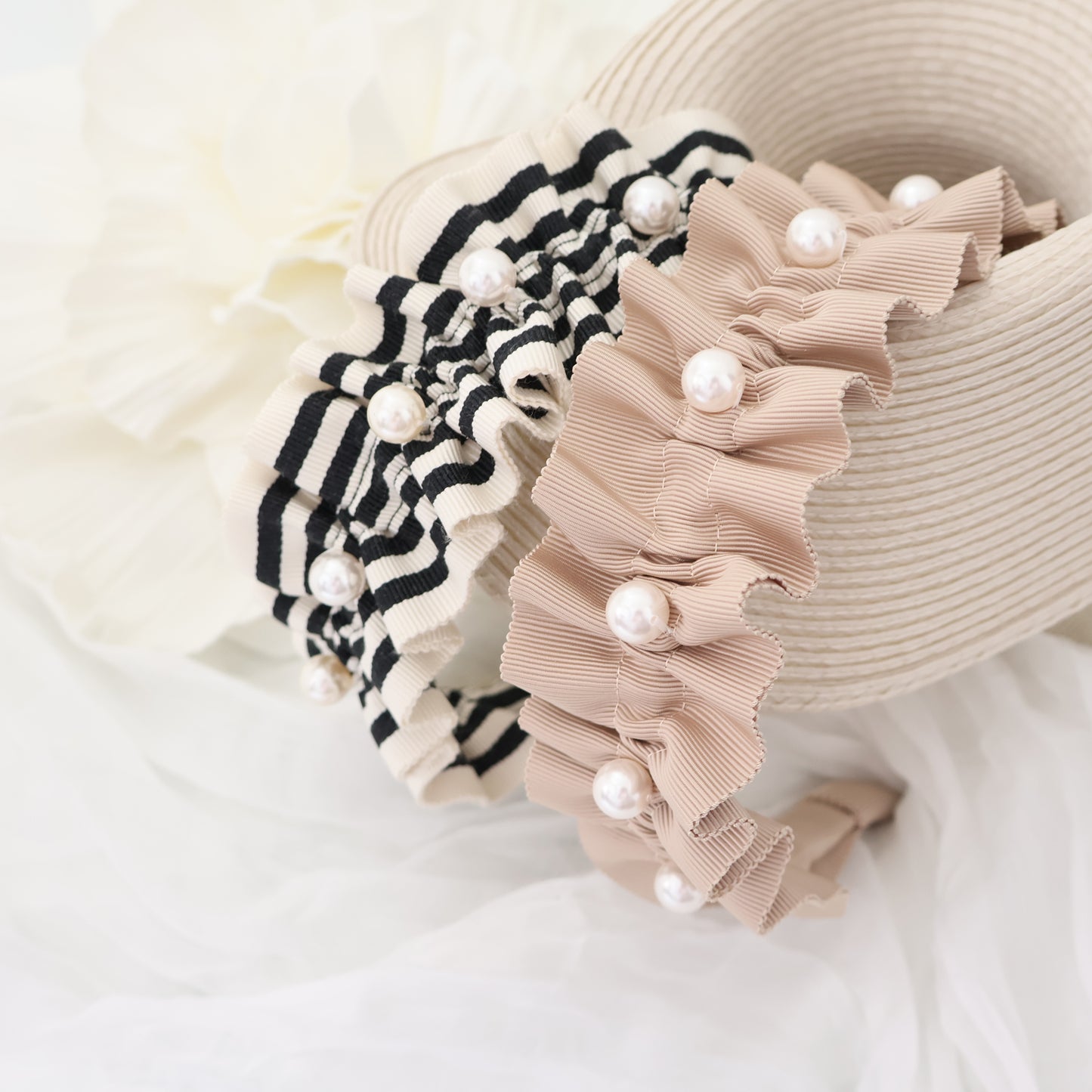 Frills Ribbon×Perl Headband【STRIPE】