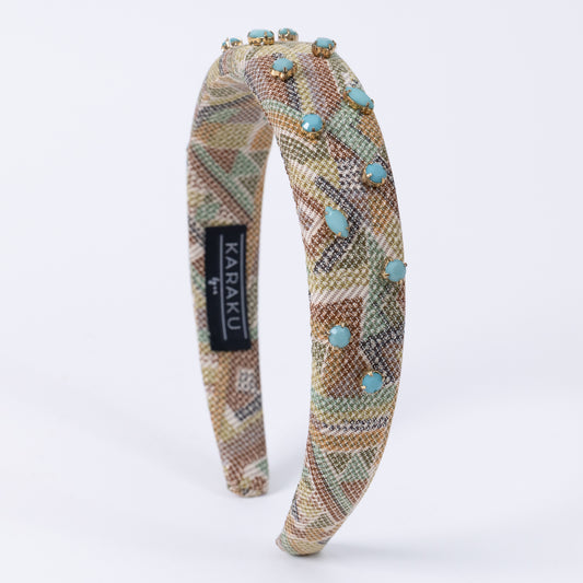 Khaki Silk Kimono×Turquoise Bijou Headbanad