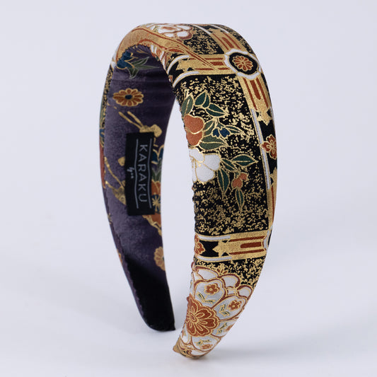 Black Silk Kimono×Japan Print Headband