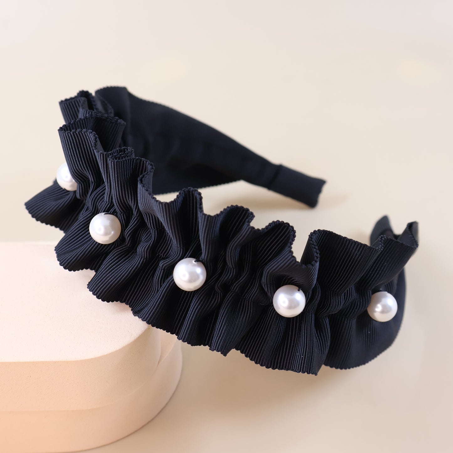 Frills Ribbon×Perl Headband【BLACK】