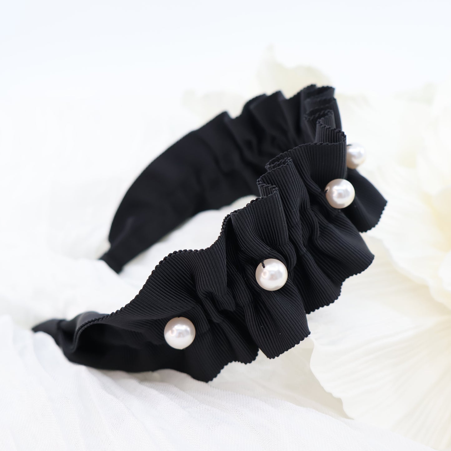 Frills Ribbon×Perl Headband【BLACK】