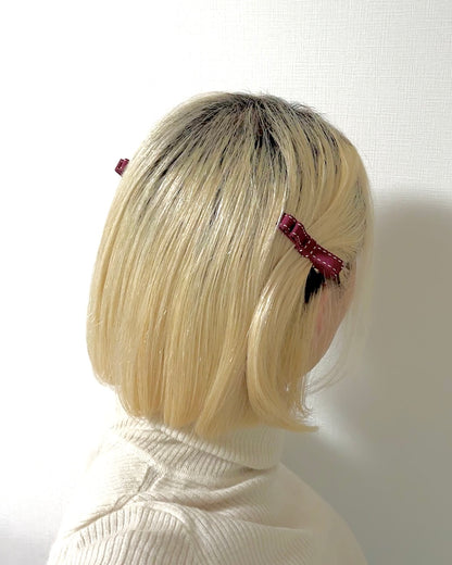 ステッチミニリボンヘアクリップ【ワイン】